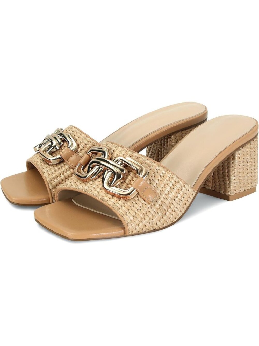 Women's Apricot Square Toe Slip On Mules Comfortable Chunky Heels Sandals